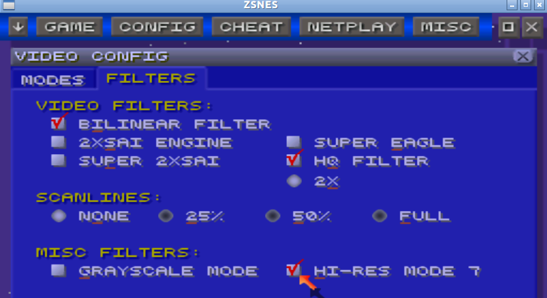 SNES - parametrage filtre video